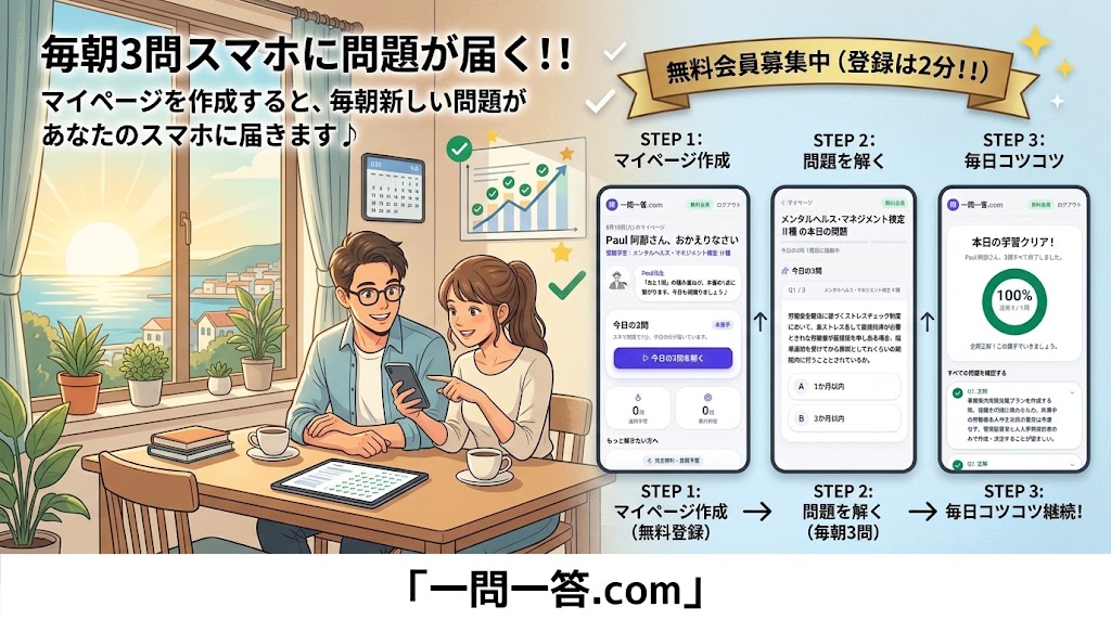 マイページを作成して、毎朝スマートフォンに届く3問で学習を続ける流れ